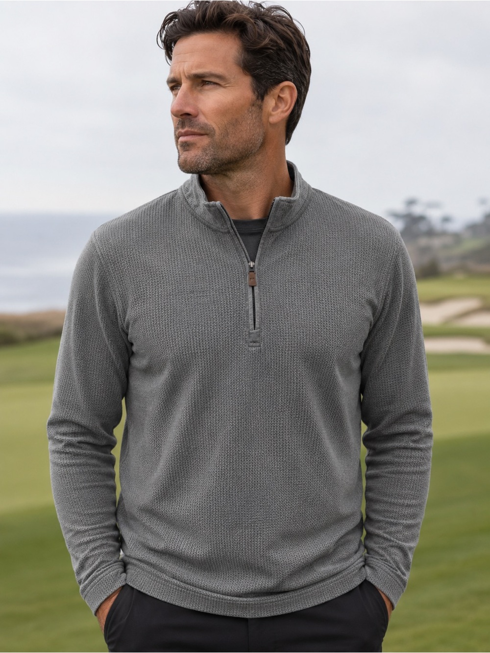 TravisMathew Gray Quarter Zip Pullover Textured Golf Performance Sweater XL
